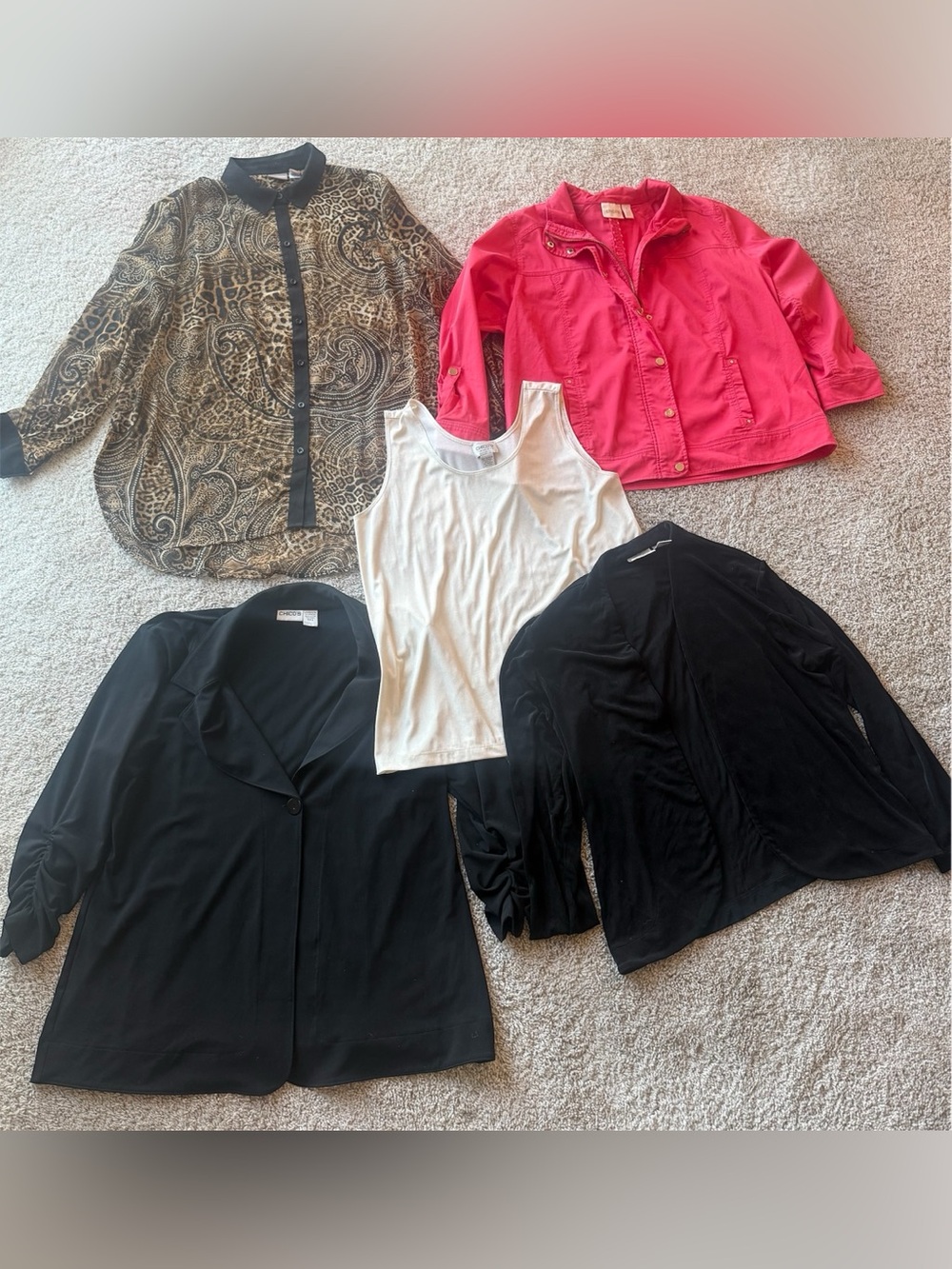LOT OF 5 Chico's Shirt Top Jackets Multi-Color Sz 3 (XL) Black Animal Pink White
